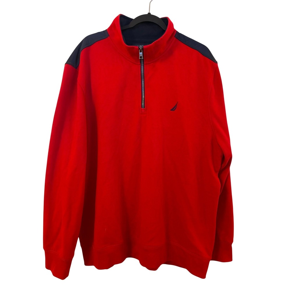 Nautica Mens XXL Red Navy Blue Quarter Zip Fleece Pullover Sweatshirt NALXGHVT7